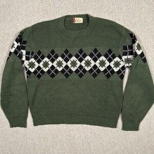 Vintage 60S Argyle Sweater Mens Large Green 50S Revere Vereloft Sweatshirt USA